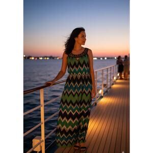 AB STUDIO Studded Round Neck‎ Empire Waist Multicolor Sleeveless Maxi Dress XL